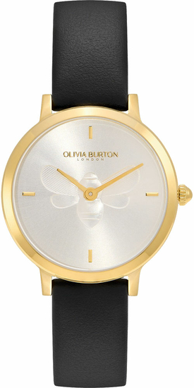 OLIVIA BURTON Signature 28mm Bee Ultra Slim Gold & Black Leather Strap Watch 24000019
