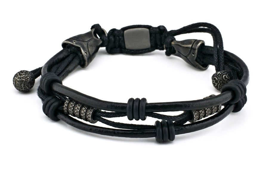 BLACK LEATHER BRACELET WITH STAINLESS STEEL PARTS BY MENVARD MV1036 210